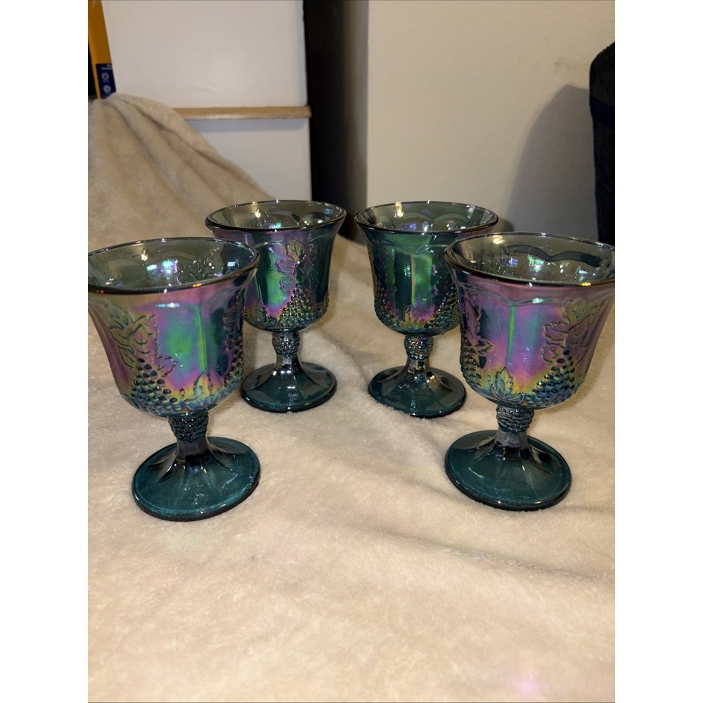 Vtg Carnival Glass Grape Harvest Iridescent Blue Goblets Set of 4